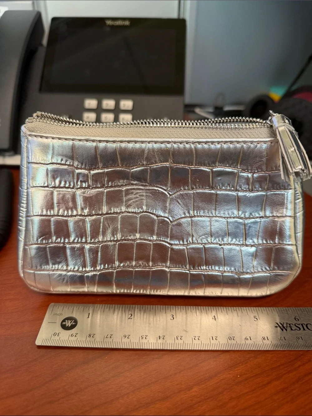 MZ WALLACE Silver Croc-Embossed Leather Zip Pouch -women Bags